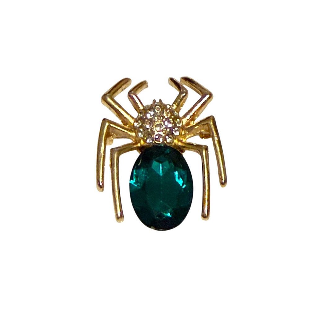 Green Spider Brooch with Clear Rhinestone